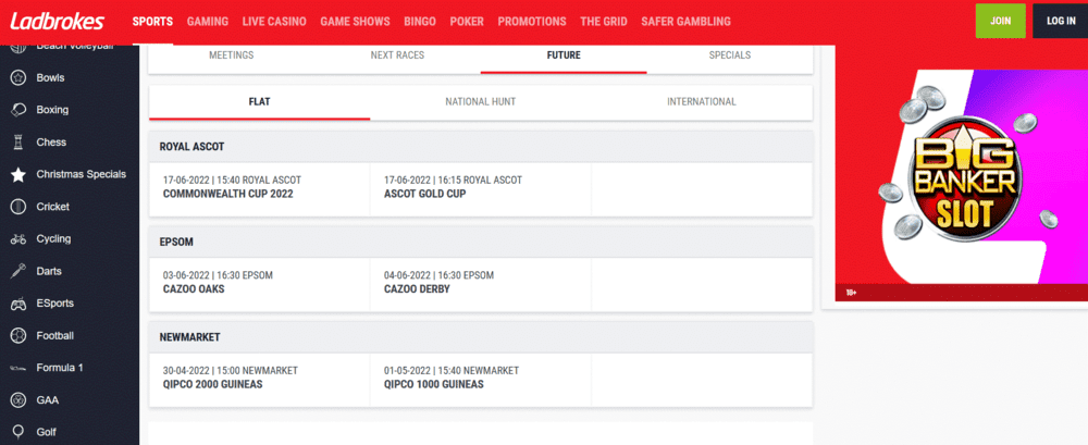 Screenshot of Horse Racing Futures Betting Page at Ladbrokes. 