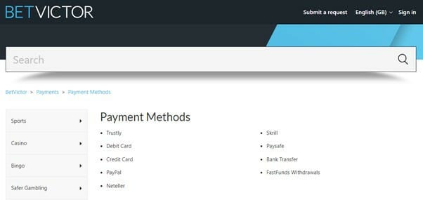 BetVictor Payment Methods Screenshot